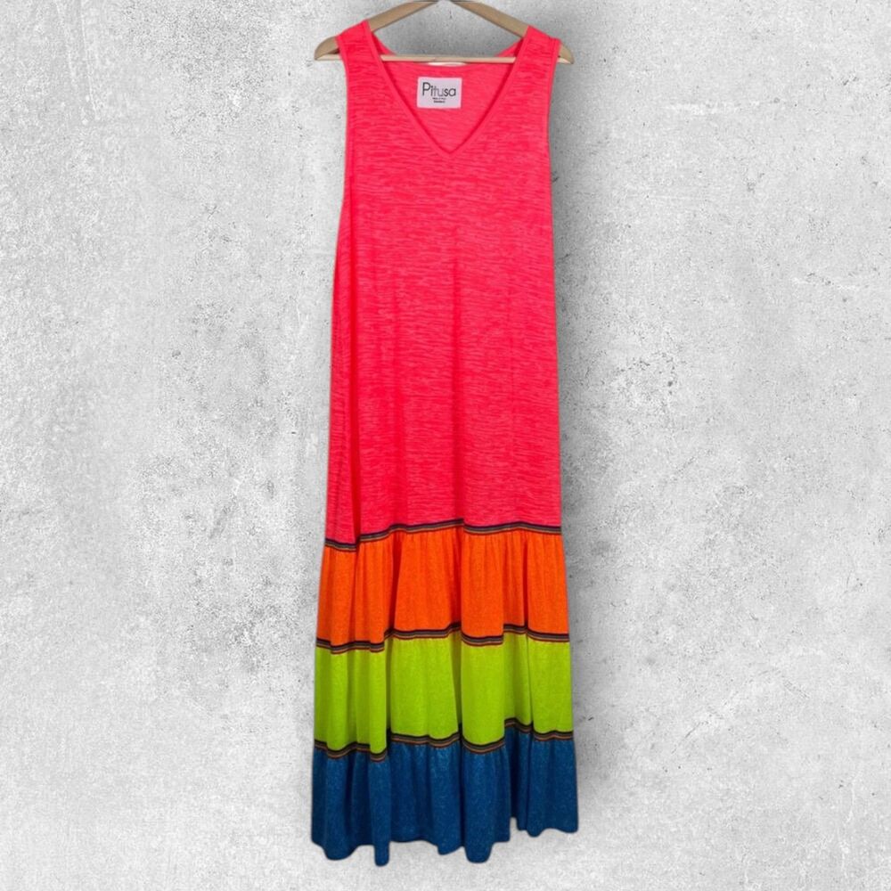 Pitusa Rainbow Maxi Dress Cover Up Womens Standard Neon Bright Tiered Beach